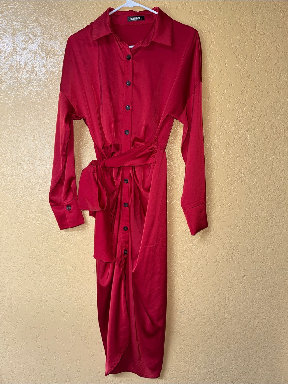 Red Long-Sleeve Button Front Dress with Draped Waist - Picture 2 of 3